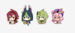  &gt;:) 2boys 2girls :3 ahoge animal_ears artist_name bangs black_hair blue_hair blunt_ends blush_stickers chibi closed_mouth collei_(genshin_impact) commentary crossed_bangs dori_(genshin_impact) dot_mouth earrings english_commentary flower fox_boy fox_ears genshin_impact glasses green_hair grey_background hair_between_eyes hand_on_own_face hat jewelry long_hair melanbread multicolored_hair multiple_boys multiple_girls no_pupils pink-tinted_eyewear ponytail purple_headwear red_hair shikanoin_heizou short_hair simple_background single_earring smile streaked_hair symbol-shaped_pupils tassel tighnari_(genshin_impact) tinted_eyewear triangular_eyewear twitter_username upper_body v-shaped_eyebrows watermark x-shaped_pupils yellow_flower 