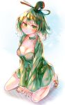  1girl absurdres arm_support breasts cleavage dress green_dress green_eyes green_hair green_nails hat highres itsumizu leaning_forward looking_at_viewer medium_breasts nail_polish short_hair simple_background soga_no_tojiko solo tate_eboshi touhou 