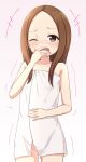  +++ 1girl absurdres ass_visible_through_thighs blush brown_eyes brown_hair collarbone commentary_request forehead gradient gradient_background groin hand_to_own_mouth highres hippo_(hirople) karakai_jouzu_no_takagi-san laughing long_hair looking_at_viewer naked_towel one_eye_closed open_mouth pink_background solo takagi-san tears towel white_background 