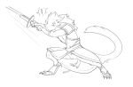  2022 4_ears 4_horns action_pose anthro biped charr claws clothing dewclaw digital_media_(artwork) digitigrade fangs felid female flat_chested genitals guild_wars halbean holding_object holding_sword holding_weapon horn mammal melee_weapon multi_ear multi_horn pose pussy sketch solo sword toe_claws video_games wardrobe_malfunction weapon 