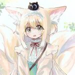  1girl :d alternate_costume alternate_hairstyle animal_ears animal_on_head arknights black_cat blonde_hair blue_hairband blush cardigan cat cat_on_head dress fox_ears fox_girl fox_tail frilled_hairband frills green_dress green_eyes hair_between_eyes hair_down hairband kitsune leaf long_hair looking_at_viewer morita_(pixiv31883607) multicolored_hair multiple_tails neck_ribbon on_head open_cardigan open_clothes open_mouth red_ribbon ribbon smile solo streaked_hair suzuran_(arknights) tail upper_body white_hair yellow_cardigan 