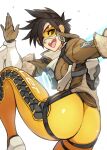  1girl ass black_hair bomber_jacket brown_eyes chest_harness from_behind gloves harness hide_(hideout) highres jacket looking_at_viewer looking_back orange_goggles overwatch pants short_hair solo spiked_hair tight tight_pants tracer_(overwatch) 