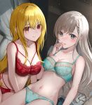  2girls :q aqua_bra aqua_panties arm_at_side arm_support bangs bare_arms bare_shoulders bed blonde_hair blue_eyes blush bow bow_panties bra braid braided_bangs breasts cleavage closed_mouth collarbone commentary_request commission cowboy_shot curtains floral_print grey_hair groin hair_between_eyes hand_to_own_mouth hand_up highres hisakawa_hayate idolmaster idolmaster_cinderella_girls indoors kozeni_isari kurosaki_chitose lace-trimmed_bra lace-trimmed_panties lace_trim leaning_to_the_side light_particles long_hair looking_at_viewer lying medium_breasts multi-strapped_bra multi-strapped_panties multiple_girls navel on_back on_bed panties parted_lips pillow print_bra print_panties raised_eyebrows red_bra red_eyes red_panties sidelocks single_braid sitting skeb_commission smile stomach tongue tongue_out underwear underwear_only very_long_hair white_bow 