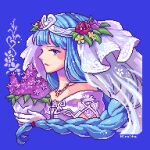  1girl bangs blue_eyes braid bridal_veil dress flower flower_on_head grey_hair hiroita jewelry lenneth_valkyrie long_hair low-braided_long_hair lowres pixel_art purple_flower valkyrie_profile veil wedding_dress 