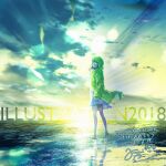  1girl 2018 bare_legs barefoot cloud cloudy_sky dress fusui hood hood_up horizon illustration.media jacket long_hair long_sleeves looking_at_viewer original reflection sky solo standing water white_dress wide_shot yellow_jacket 