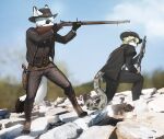  2022 absurd_res anthro bottomwear canid canine canis clothing digital_media_(artwork) digitigrade duo eye_patch eyewear felid gloves gun hair handwear hat headgear headwear hi_res male mammal open_mouth pantherine pants pgm300 photo_background ranged_weapon shotgun snow_leopard weapon wolf 