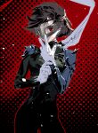  1girl adjusting_clothes adjusting_gloves bodysuit brown_hair cofffee cowboy_shot gloves mask niijima_makoto outline persona persona_5 red_eyes red_outline scarf short_hair shoulder_spikes spikes standing white_gloves 