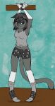  2017 anthro assisted_exposure blue_eyes bound boy_shorts camisole candice_(blackthorn) clothed clothing clothing_theft domestic_cat exposed_underwear felid feline felis female fish_bone_(print) footwear fur grey_body grey_camisole grey_clothing grey_footwear grey_fur grey_panties grey_socks grey_underwear hands_tied hi_res malibutrashdog mammal navel panties socks solo underwear underwear_only undressed 