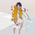  1girl 2018 bare_legs barefoot drawstring dress holding_paper_airplane hood hood_down hood_up illustration.media jacket long_sleeves looking_at_viewer molatoliamu original paper_airplane parted_lips smile solo white_dress wide_shot yellow_eyes yellow_jacket 