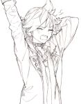  1boy blazer choker closed_eyes greyscale jacket kagamine_len lapels leo/need_(project_sekai) lineart male_focus monochrome naoko_(naonocoto) necktie notched_lapels open_clothes open_jacket open_mouth project_sekai sketch solo stretching teeth upper_body upper_teeth vocaloid yawning 