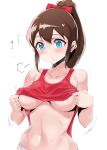  1girl absurdres areola_slip bangs bare_shoulders blue_eyes blush bow breasts brown_hair clothes_lift collarbone foreshortening hair_between_eyes hair_bow hands_up high_ponytail highres hot idolmaster idolmaster_million_live! lifted_by_self linea_alba looking_down motion_lines navel no_bra no_pants panties parted_lips red_tank_top satake_minako shiny shiny_hair simple_background skindentation solo sweat takahiro_(crimson_bolt) tank_top translated underboob underwear upper_body white_background white_panties wide_hips 