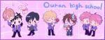  1girl 6+boys :d absurdres ahoge bangs black_eyes blazer blonde_hair book brothers brown_hair carrying chibi closed_eyes collared_shirt crossed_arms flower fujioka_haruhi glasses hand_on_another&#039;s_shoulder hand_on_own_chin haninozuka_mitsukuni hano_luno highres hitachiin_hikaru hitachiin_kaoru holding holding_book holding_flower jacket jitome messy_hair morinozuka_takashi multiple_boys necktie ootori_kyouya open_mouth orange_hair ouran_high_school_host_club ouran_high_school_uniform piggyback rose school_uniform shirt short_hair siblings smile sparkle stuffed_animal stuffed_bunny stuffed_toy suou_tamaki sweatdrop sweater twins yellow_eyes 