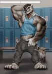  2022 anthro armpit_hair barazoku barefoot bench biceps big_bulge big_muscles body_hair bottomwear bulge canid canine canis claws clothed clothing erection erection_under_clothing eyebrows feet fur gulonine hair hand_behind_head hi_res huge_bulge huge_muscles hybrid inside locker locker_room looking_at_viewer male mammal muscular muscular_anthro muscular_male mustelid musteline nipples obliques pants pecs shadow shirt signature smile solo standing styrling sweatpants tank_top timdoodles topwear tuft wolf wolverine 