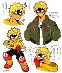  1boy alternate_costume black_mask black_pants blonde_hair boku_no_hero_academia boots clenched_hands closed_mouth dog_tags drooling eye_mask fat_gum_(boku_no_hero_academia) full_body gloves green_jacket grin highres hood hood_down hoodie jacket jewelry knee_pads long_sleeves looking_at_viewer male_focus monu multiple_views necklace open_clothes open_jacket open_mouth pants patch red_gloves shirt short_hair shouting signature simple_background smile standing teeth top_gun torn_clothes torn_hoodie translation_request upper_body white_background white_shirt yellow_hoodie 