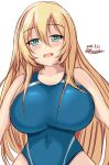  1girl atago_(kancolle) blonde_hair blue_eyes breasts competition_swimsuit highres kantai_collection large_breasts long_hair montemasa one-piece_swimsuit simple_background swimsuit white_background 