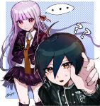  ... 1boy 1girl ? ?? bangs black_hair black_jacket black_ribbon blush braid brown_eyes brown_necktie collared_shirt danganronpa:_trigger_happy_havoc danganronpa_(series) danganronpa_v3:_killing_harmony hair_between_eyes hair_ribbon hand_up jacket kirigiri_kyouko long_hair miyaji_ma necktie open_clothes open_jacket pink_background pleated_skirt purple_jacket purple_skirt ribbon saihara_shuuichi shiny shiny_hair shirt short_hair side_braid signature skirt striped striped_jacket white_shirt 