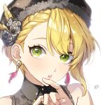  1girl banababa bangs blonde_hair braid earrings feathers green_eyes grey_headwear hair_between_eyes hat_feather idolmaster idolmaster_cinderella_girls jewelry looking_at_viewer miyamoto_frederica parted_lips portrait shiny shiny_hair short_hair solo white_background yellow_feathers 