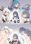  !? 2girls :d back bangs blue_eyes blue_headwear blush bow braid breasts closed_mouth collared_shirt covering_mouth dual_persona fang fu_hua fu_hua_(azure_empyrea) fu_hua_(herrscher_of_sentience) fu_hua_(phoenix) fu_hua_(valkyrie_accipter) gloves grey_hair hair_bow hair_ornament highres honkai_(series) honkai_impact_3rd interview kiss licking licking_neck long_hair looking_at_viewer microphone multicolored_hair multiple_girls navel neru_yinwu nude official_alternate_costume one_eye_closed open_mouth red_eyes selfcest shirt skin_fang smile stomach streaked_hair white_hair yuri 