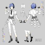  adapted_costume black_footwear black_gloves black_necktie blue_eyes blue_hair bug butterfly corset flower full_body gloves grey_background grey_corset half_gloves hand_up head_tilt headphones high_heels highres kaito_(vocaloid) light_smile long_sleeves looking_to_the_side matching_outfit necktie pants pinky_out project_sekai reference_sheet rella shirt shirt_stay short_hair simple_background spot_color standing suspenders vocaloid white_butterfly white_flower white_pants white_shirt 