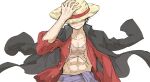  1boy black_coat black_hair coat coat_on_shoulders hand_on_headwear hat_over_eyes highres kankan33333 male_focus monkey_d._luffy one_piece open_clothes open_shirt red_shirt sash scar scar_on_chest scar_on_face shirt smile white_background 