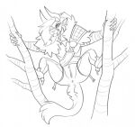  2022 4_ears 4_horns anthro anus armor biped butt charr claws digital_media_(artwork) fangs felid female finger_claws genitals guild_wars halbean horn in_tree mammal mask multi_ear multi_horn plant purna_whitewillow pussy simple_background sketch solo tree video_games white_background 