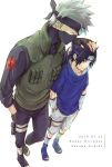  2019 2boys black_hair black_jacket black_pants blue_footwear blue_jacket character_name dated detached_sleeves from_above full_body green_jacket grey_hair grey_shorts hand_in_pocket hands_in_pockets happy_birthday hatake_kakashi headband highres jacket long_sleeves mask multiple_boys naruto naruto_(series) pants short_sleeves shorts simple_background spiked_hair standing suzu_(tg_390) sweatdrop uchiha_sasuke white_background white_sleeves 