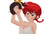  1girl animal blue_eyes braid braided_ponytail breasts cleavage highres holding looking_at_another medium_breasts open_mouth p-chan pig ranma-chan ranma_1/2 red_hair sana79261827 saotome_ranma shirt simple_background size_difference white_background white_shirt 