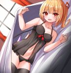  1girl babydoll black_babydoll black_panties black_thighhighs blonde_hair blush commentary_request crystal fang flandre_scarlet highres kiui_(dagk8254) lying medium_hair midriff navel on_side one_side_up open_mouth panties red_eyes stomach thighhighs touhou underwear wings 