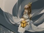  1girl brown_hair closed_mouth detached_sleeves dress expressionless from_above hair_ornament lantern leggings medium_hair ponytail shanguang_wan&#039;er_(wangzhe_rongyao) shiny shiny_hair sitting solo wangzhe_rongyao white_dress yanzhi_bai 