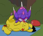  animal_genitalia blush forest generation_1_pokemon generation_7_pokemon genitals hi_res kissing_cheek leakyroot nintendo pikachu plant poipole pokemon pokemon_(species) sheath sleeping tree ultra_beast video_games 