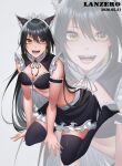  1girl 2020 :d animal_ear_fluff animal_ears arm_strap between_legs black_bra black_hair black_skirt black_thighhighs bra breasts cat_ears cleavage dated frilled_bra frills full_body hand_between_legs kneeling lanzero layered_skirt leaning_forward long_hair looking_at_viewer maid maid_headdress medium_breasts midriff miniskirt open_mouth original shiny shiny_hair skirt slit_pupils smile solo stomach thighhighs underwear very_long_hair white_skirt yellow_eyes zettai_ryouiki 