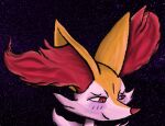  anthro blush blush_lines braixen canid canine cosmic_background fox fur generation_6_pokemon halfbaked-hope hi_res inner_ear_fluff looking_away mammal multicolored_body multicolored_fur nintendo pokemon pokemon_(species) red_body red_eyes red_fur red_nose smile solo space space_background star tuft video_games white_body white_fur yellow_body yellow_fur 