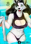 absurd_res anthro beach black_hair canid canine canis clothing female fur grey_body grey_fur hair hi_res jeancito93jean mammal muscular muscular_female seaside smile solo swimming_pool swimwear wolf yellow_eyes 