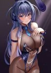  1girl :3 absurdres animal_ears azur_lane bangs bare_shoulders blue_eyes blue_hair blush bodysuit breasts closed_mouth commentary crossed_bangs fake_animal_ears hair_intakes hand_on_own_chest highres large_breasts leotard long_hair looking_at_viewer navel new_jersey_(azur_lane) onedoo playboy_bunny rabbit_ears see-through see-through_leotard smile symbol-only_commentary 