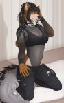  anthro black-backed_jackal black_body black_fur black_hair bra canid canine canis chain clothed clothing collar female fluffy fluffy_tail fur gerdeer green_eyes grey_body grey_fur hair hi_res jackal mammal silver_markings solo underwear white_body white_fur 