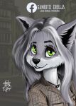  absurd_res anthro black_nose canid canine canis clothing cute_eyes female green_eyes grey_hair hair hi_res jeancito93jean jewelry mammal necklace selfie shirt smile solo t-shirt topwear wolf 