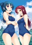  2girls :d arm_behind_back arms_under_breasts blue_hair breasts cloud commentary competition_school_swimsuit covered_navel crossed_arms d: dark_blue_hair day furrowed_brow hair_bun half_updo hand_on_own_chest highres hino_minato_(spec.c) linea_alba long_hair looking_at_viewer love_live! love_live!_sunshine!! multiple_girls outdoors purple_eyes red_hair sakurauchi_riko school_swimsuit single_bang single_side_bun single_sidelock small_breasts smile swimsuit symbol-only_commentary tsushima_yoshiko yellow_eyes 