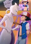  1boy ^^^ ash_ketchum bangs baseball_cap belt belt_buckle black_belt black_hair black_shirt buckle clenched_teeth clothes_lift commentary_request glowing grey_pants hair_between_eyes hat highres indoors interspecies jacket kousuke_(ko_suke) male_focus mewtwo navel open_clothes open_jacket pants pokemon pokemon:_the_first_movie_-_mewtwo_strikes_back pokemon_(anime) pokemon_(classic_anime) pokemon_(creature) pokephilia red_headwear shirt shirt_lift short_hair short_sleeves sweat teeth telekinesis 