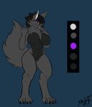  absurd_res alex_hvorostovsky anthro big_breasts black_body black_fur black_sclera breasts butt canid canine canis cheek_tuft chest_tuft claws colour_pallet digital_media_(artwork) facial_tuft featureless_breasts female fluffy fluffy_tail fur grey_body grey_fur hair hi_res huge_breasts looking_at_viewer maliborg mammal neck_tuft nude purple_eyes simple_background smile solo tuft wolf 