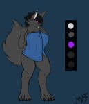  absurd_res alex_hvorostovsky anthro big_breasts black_body black_fur black_sclera blue_towel breasts canid canine canis cheek_tuft chest_tuft claws colour_pallet digital_media_(artwork) facial_tuft female fluffy fluffy_tail fur grey_body grey_fur hair hi_res maliborg mammal neck_tuft purple_eyes simple_background solo thick_thighs towel tuft wolf 