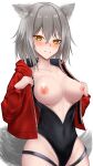  1girl animal_ears arknights blush breasts breasts_out collarbone covered_navel cowboy_shot grey_hair hair_between_eyes highleg highleg_swimsuit highres jacket large_breasts looking_at_viewer nipples official_alternate_costume open_clothes open_jacket open_swimsuit projekt_red_(arknights) projekt_red_(light_breeze)_(arknights) red_jacket short_hair simple_background solo sweat swimsuit tail tokumeikibo unzipped white_background wolf_ears wolf_girl wolf_tail 