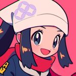  1girl :d akari_(pokemon) black_hair chueog commentary eyelashes galaxy_expedition_team_survey_corps_uniform head_scarf jacket logo long_hair looking_at_viewer lowres open_mouth pink_background pokemon pokemon_(game) pokemon_legends:_arceus ponytail portrait red_scarf scarf sidelocks simple_background smile solo tongue white_headwear 