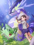  1girl animal_ears cat_ears day fangs green_fur hat highres inana_umi juliana_(pokemon) leaf looking_at_viewer miraidon necktie open_mouth pokemon pokemon_(creature) pokemon_(game) pokemon_sv sky sprigatito standing tree 