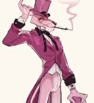  1boy adjusting_clothes adjusting_headwear arm_up bangs black_bow black_bowtie bottomless bow bowtie cigarette cowboy_shot daga_(hexedcoin) furry furry_male grey_background grey_shirt hat jacket long_sleeves male_focus pink_headwear pink_jacket shirt simple_background smile smoke smoking solo tailcoat the_pink_panther the_pink_panther_(character) thick_eyebrows top_hat 