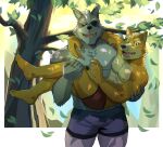  2022 abs absurd_res anthro anthro_on_anthro arm_around_shoulders barefoot big_muscles bodily_fluids canid canine canis carrying claws clothed clothing duo eye_patch eyebrows eyewear feet fox fox_mccloud fur hair hi_res humanoid_feet leaf looking_at_viewer male male/male mammal muscular muscular_anthro muscular_male naikuma nintendo nipples open_mouth open_smile outside pecs plant plantigrade romantic romantic_couple shadow simple_background smile standing star_fox sweat sweatdrop teeth tongue topless topless_anthro topless_male tree tuft underwear video_games whiskers wolf wolf_o&#039;donnell 