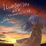  1girl 2018 agas_(vpwt7475) bangs blue_sky cloud cloudy_sky gradient_sky grey_hair hand_in_pocket hood hooded_jacket illustration.media jacket long_hair looking_at_viewer original outdoors sky solo yellow_jacket yellow_sky 