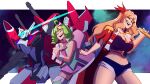  2girls ^_^ blonde_hair blue_shorts breasts closed_eyes cosmikaizer cropped_jacket green_hair green_shirt hand_on_own_chest highres holding holding_microphone jacket large_breasts long_hair macross macross_frontier macross_frontier:_sayonara_no_tsubasa mecha microphone midriff multiple_girls music navel purple_skirt ranka_lee red_jacket robot sheryl_nome shirt short_hair short_shorts shorts singing sketch skirt sleeveless sleeveless_shirt smile variable_fighter yf-29 