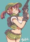  1girl backpack bag bangs baseball_cap black_gloves blue_background breasts brown_hair cleavage closed_mouth commentary_request cowboy_shot fingerless_gloves fio_germi glasses gloves green_headwear green_shorts green_vest groin gun hair_between_eyes hands_up hat holding holding_gun holding_weapon looking_at_viewer medium_breasts navel open_clothes open_vest orange_eyes original revolver shirt shisui short_shorts shorts signature simple_background solo vest weapon white_shirt 