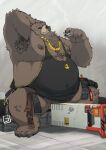  2022 anthro armpit_hair belly ben_(zenless_zone_zero) big_belly black_nose body_hair brown_body clothing convenient_censorship detailed_background humanoid_hands kemono male mammal mihoyo moobs nipples overweight overweight_male scar shirt sitting solo topwear totemoii_029 ursid weapon zenless_zone_zero 