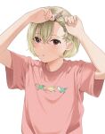  1girl adjusting_hair animal_print arms_up artist_name bird_print blonde_hair blush brown_eyes hair_behind_ear hair_between_eyes hair_ornament hairclip looking_at_viewer mattaku_mousuke original shirt short_hair solo t-shirt watermark white_background 